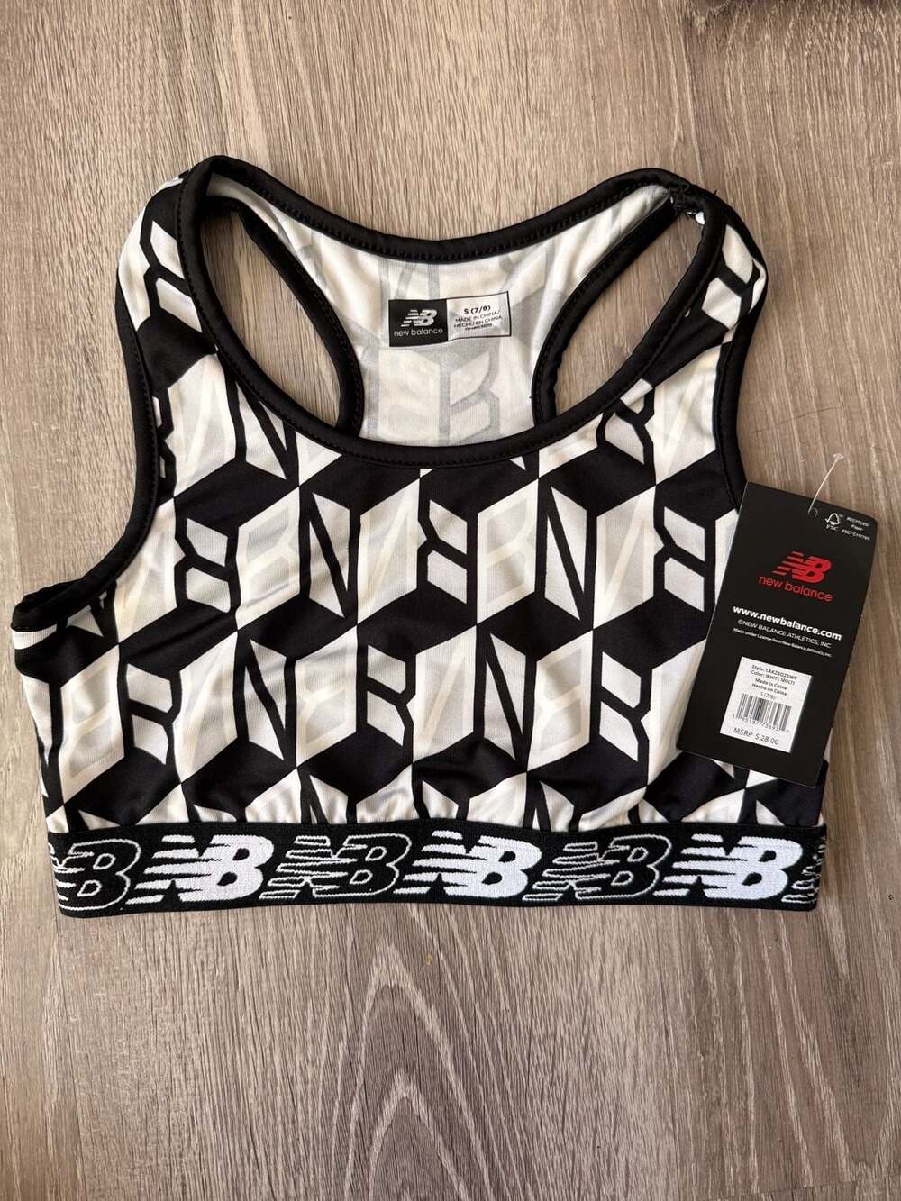 New Balance Geometric Cube Print Racerback Sports Bra White Black Size S 7/8